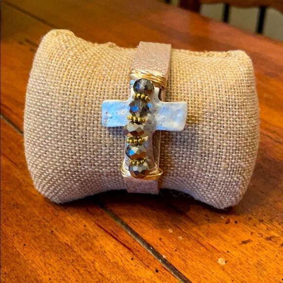 Leather Cross Bracelet with Silver, Gold and Beads - Picture 1 of 3
